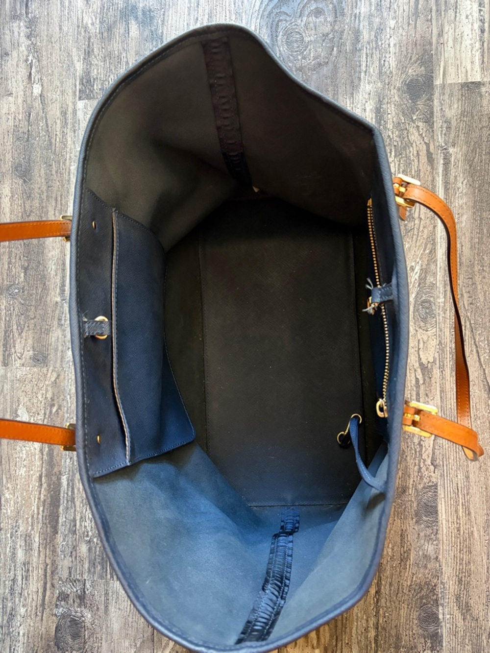 Michael Kors Navy & White Striped Tote with Tan Leather Accents - Picture 2 of 3